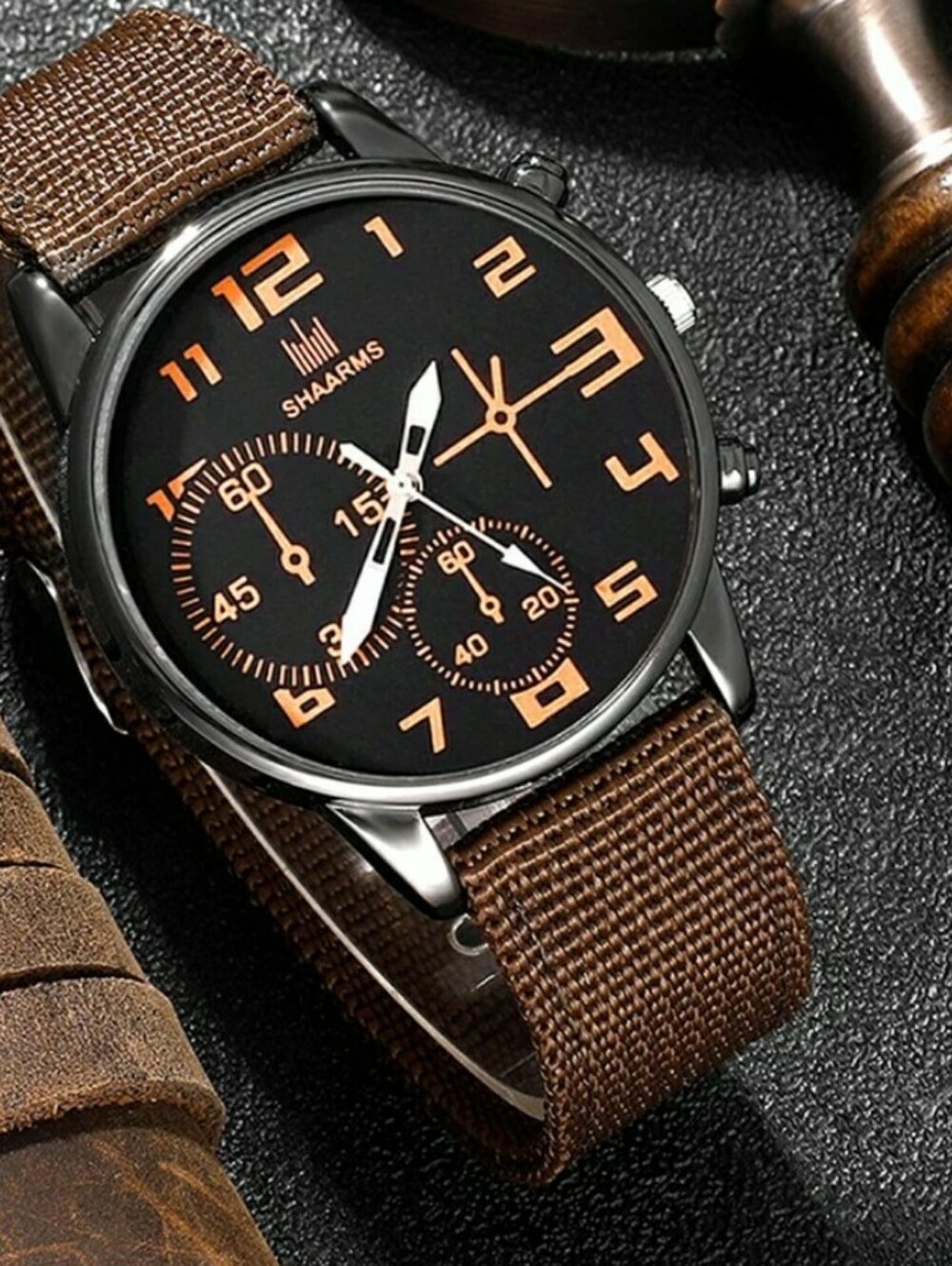Men's Black Dial Watch with Brown Strap
